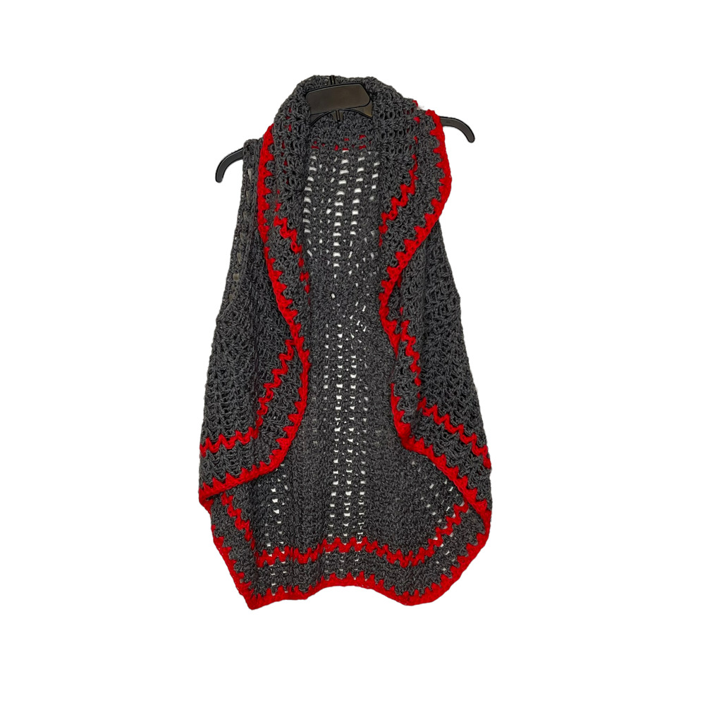 Vintage Hand‎ Knit Afghan Sweater Vest Jacket Gray Red Open Size Medium?